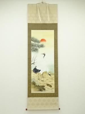 梅石筆　松に鶴亀　肉筆絹本掛軸（保護箱）